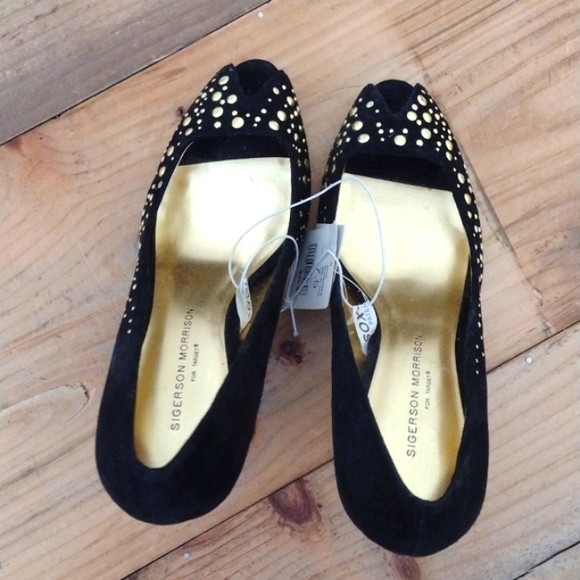 Sigerson Morrison Black Suede Divya Peep Toe Beaded Heels NWT Size 7.5 - Picture 2 of 14